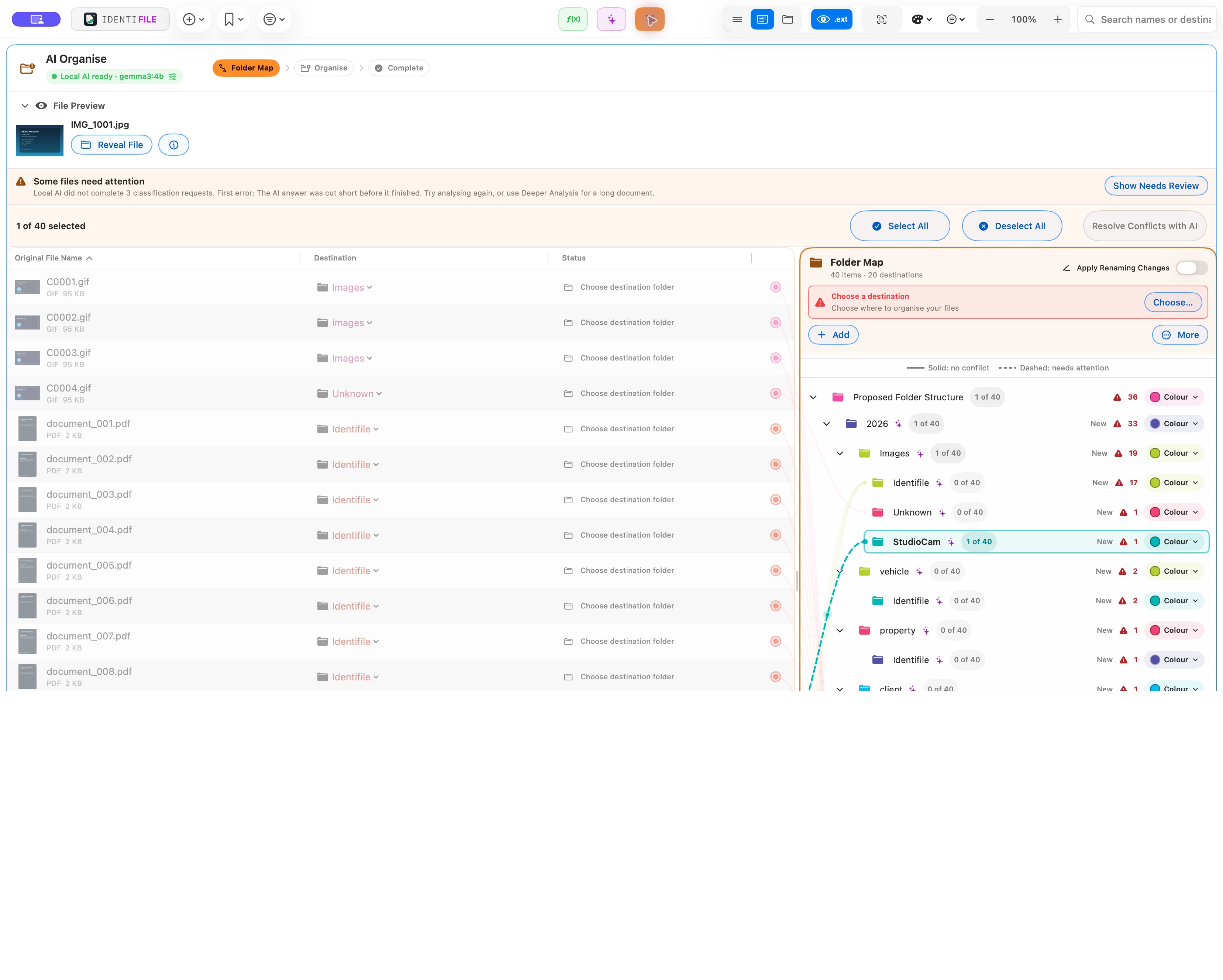High-resolution real Identifile AI Organise review view with generic files