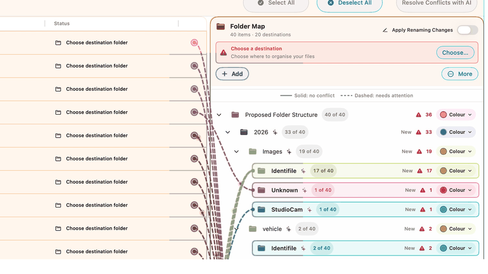 Identifile AI Organise showing a stationary app window while coloured file cables animate