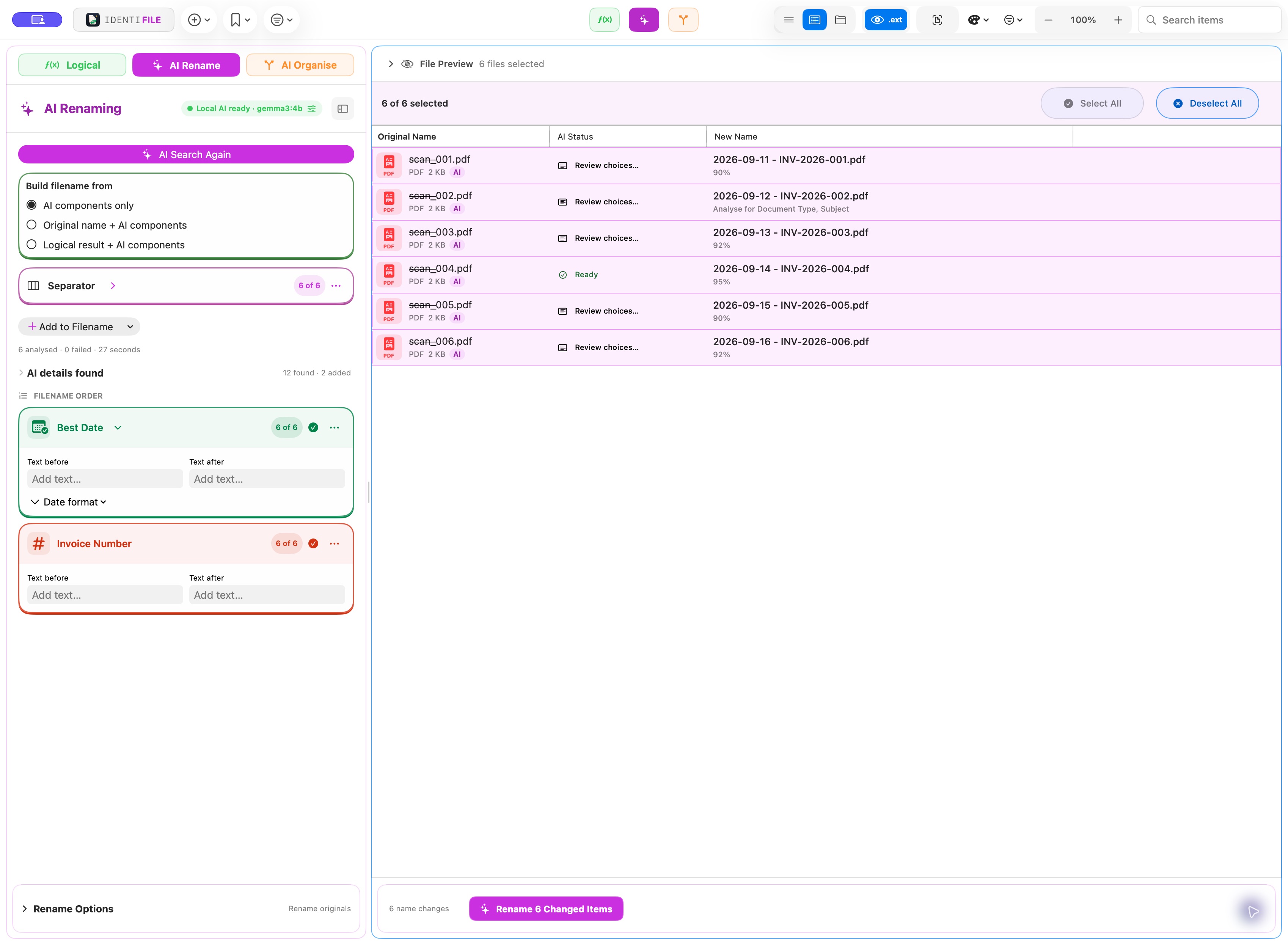 Identifile AI naming preview using dates and invoice numbers