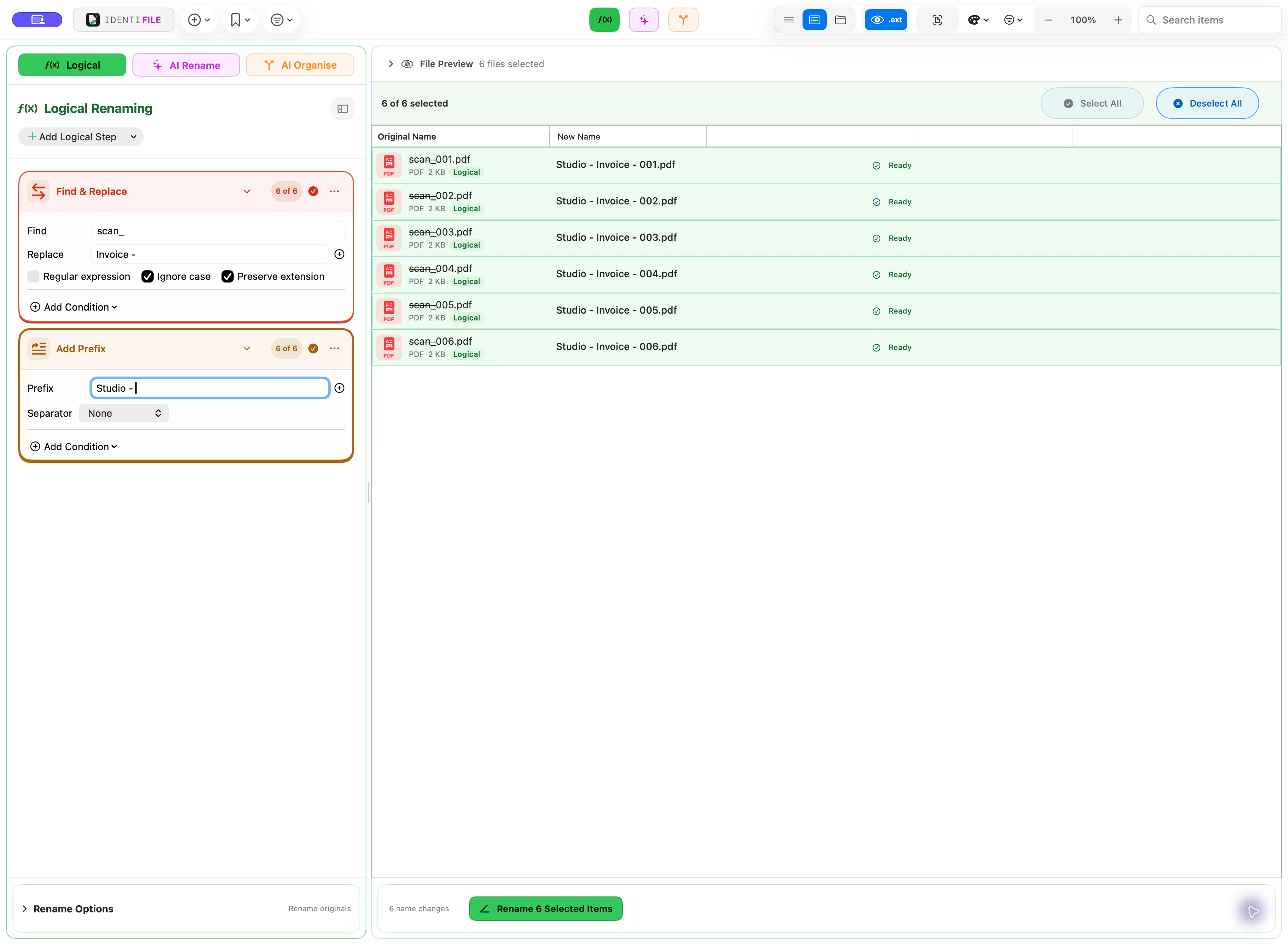 Identifile logical naming preview with sample invoices