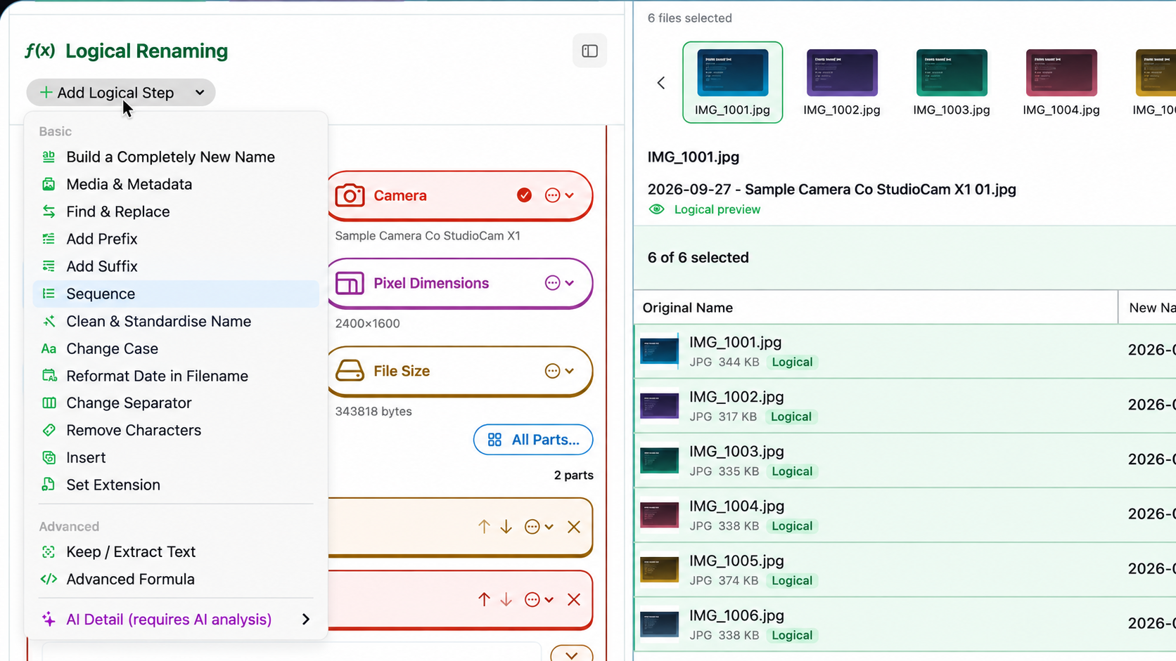 Close-up of the real Identifile cards menu with logical naming tools